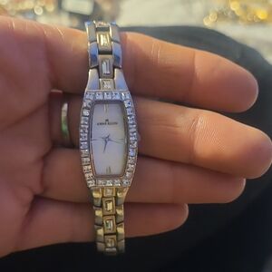 Anne Klein Silver-Tone Crystal Bracelet Watch with Mother-of-Pearl Dial